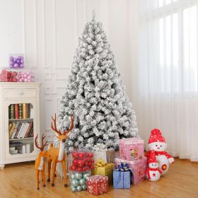 7 FT Pre-lit Snow Flocked Christmas Tree, Artificial Hinged Xmas Pine Tree with 1000 Branch Tips