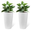 Set of 2 Faux Rattan Tall Planters Outdoor Indoor Large Planters with Water Level Monitor Inner Bucket, Automatic Watering