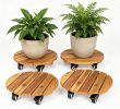 Set of 4 Natural Finish Wooden Plant Pot Mover, Portable Round Plant Stand with 4 Wheels, Sturdy Planter Caddy for Patio Garden Home Decor