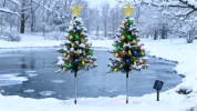 2Pack Solar Christmas Tree Lights 37.4in - 100 LED 4 Colors 8 Modes, IP44 Waterproof Outdoor Pathway Decor with Ornaments