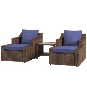 Patio Conversation Set 5-Piece Blue Wicker with Chairs Coffee Table Accent Pillows Outdoor Seating