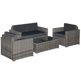 4-Piece Resin Wicker Set Outdoor Seating with Chairs Loveseat Glass Table Gray