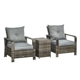 3-Piece Outdoor Furniture Set with Grey Wicker Chairs, Padded Seats & Storage Side Table