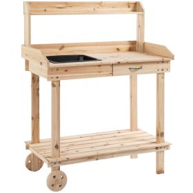 Potting Bench Workstation with Wheels Sink Drawer Natural Wood Large Storage
