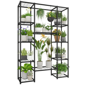 Plant Stand Metal Outdoor Indoor Tall Large Plant Shelf Hanging Plant Stand Waterproof Black Plant Rack Flower Holder for Living Room Patio Balco