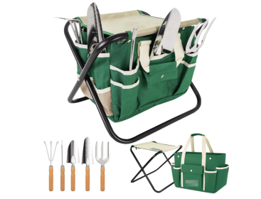 7-Piece Green Gardening Tool Set â€“ Stainless Steel Tools with Wooden Handles, Folding Stool & Canvas Tote, Durable Garden Kit for Every Gardener (Style: 7piece)