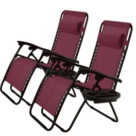 Set of 2 Folding Outdoor Zero Gravity Lounge Chair (Color: Burgundy Wine Red)