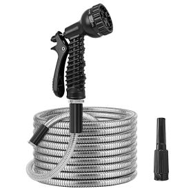 25FT/50FT/100FT Heavy Duty Stainless Steel Garden Hose Garden Watering Kit Metal Water Hose with 2 Nozzles 12 Patterns Flexible Extendable Kink Tangle (Option: 50ft)