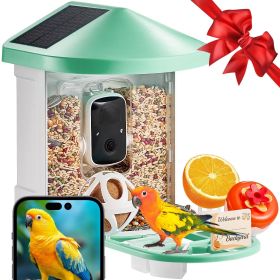 Smart Bird Feeder with Camera, 2K HD AI Identify 10000+ Bird Species, Solar-Powered Bird Watching Camera with Auto Capture & Instant Notify (Color: Green, Solar Panel Style: 2 Panels on Roof Side)